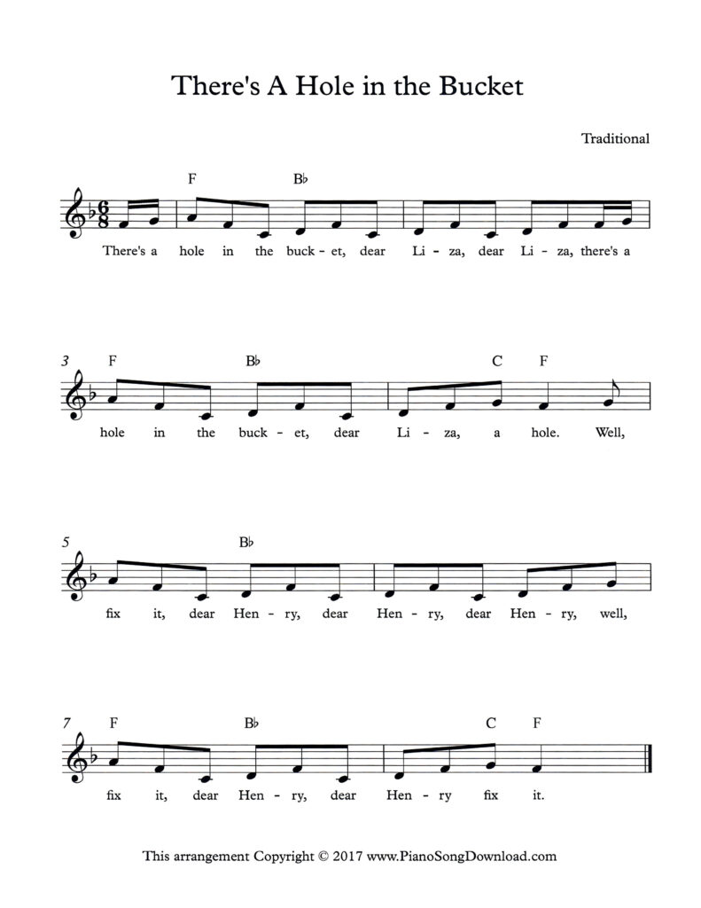 There's a Hole in the Bucket lead sheet in F Major with lyrics and chord symbols