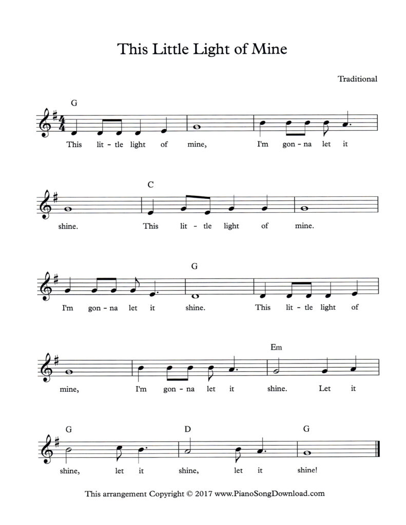 This Little Light of Mine lead sheet in G Major with lyrics and chord symbols