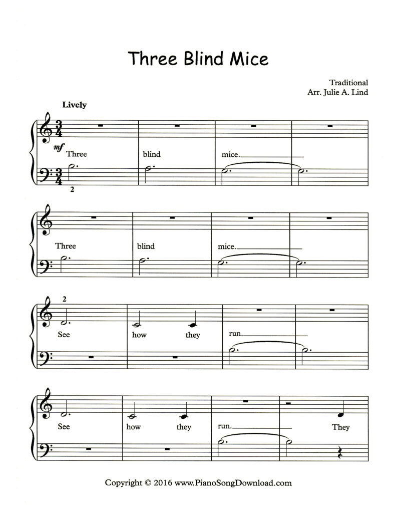 Three Blind Mice Level 1 piano sheet music with lyrics and tutorial
