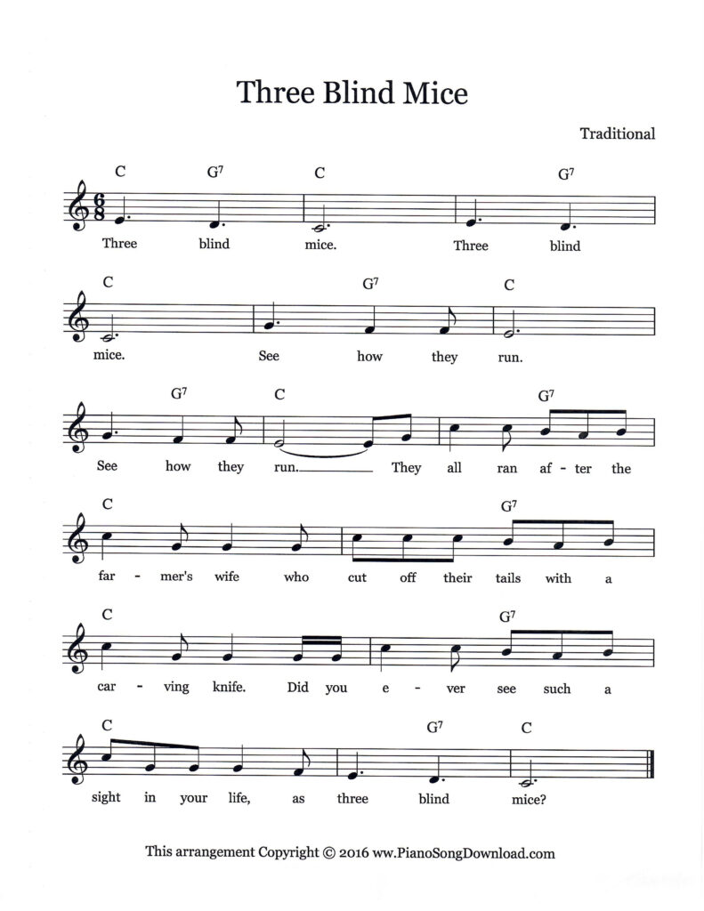 Three Blind Mice lead sheet in C Major with lyrics and chord symbols