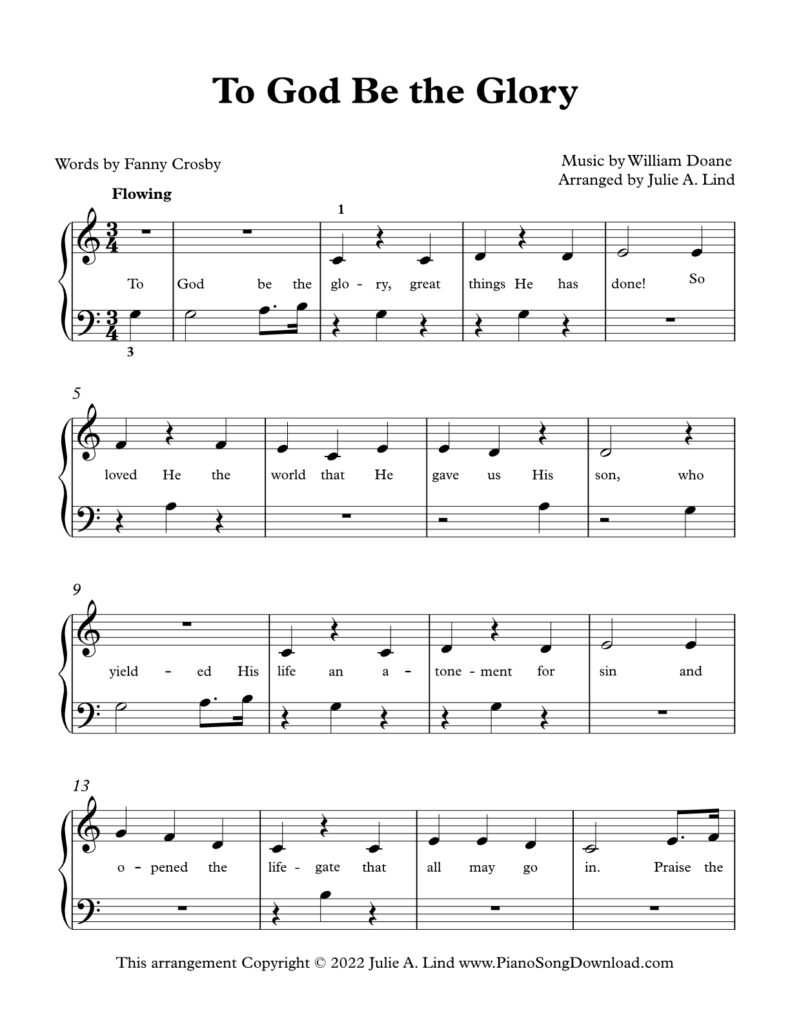 To God Be the Glory Level 1 piano sheet music with lyrics and tutorial