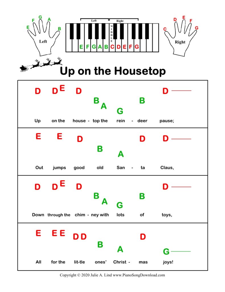 Up on the Housetop pre-staff piano sheet music with letters and hand diagrams