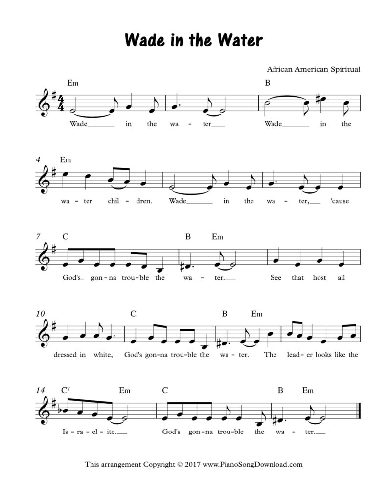 Wade in the Water lead sheet in E minor with lyrics and chord symbols