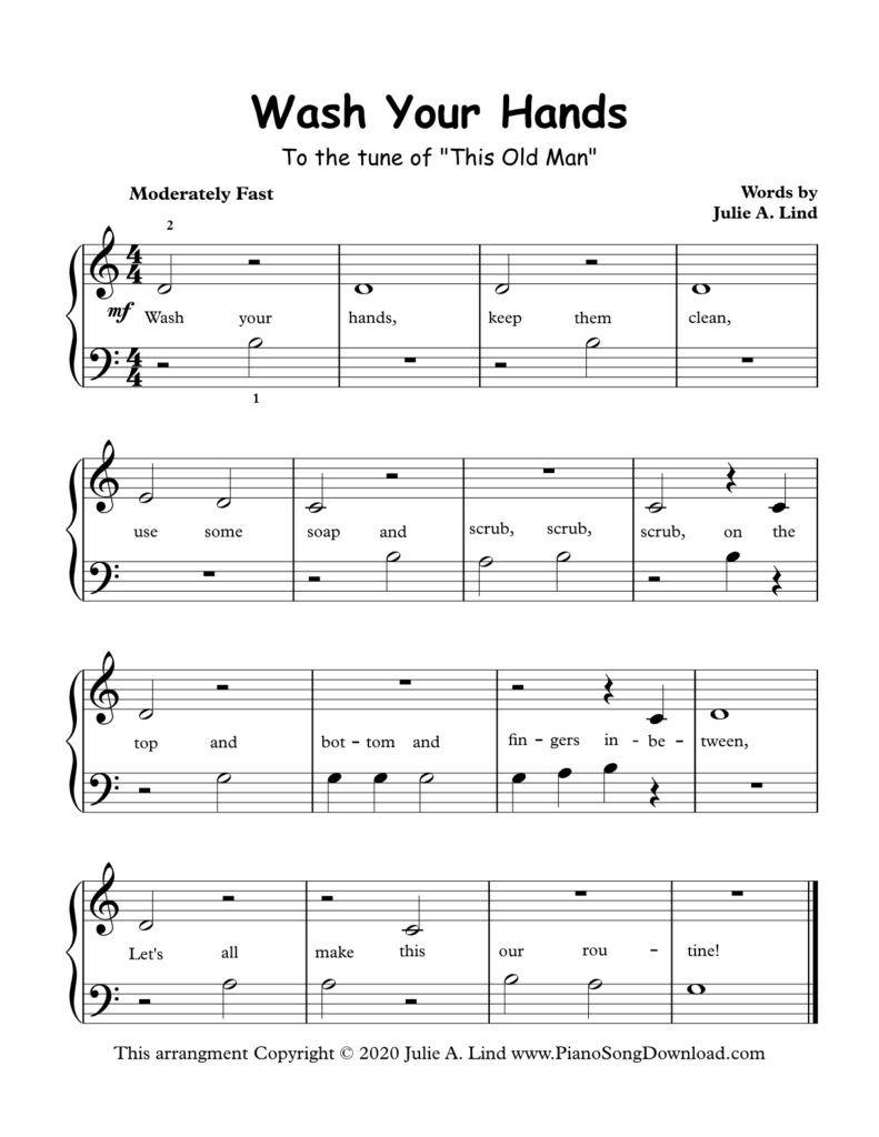 Wash Your Hands Level 1 piano sheet music with educational lyrics