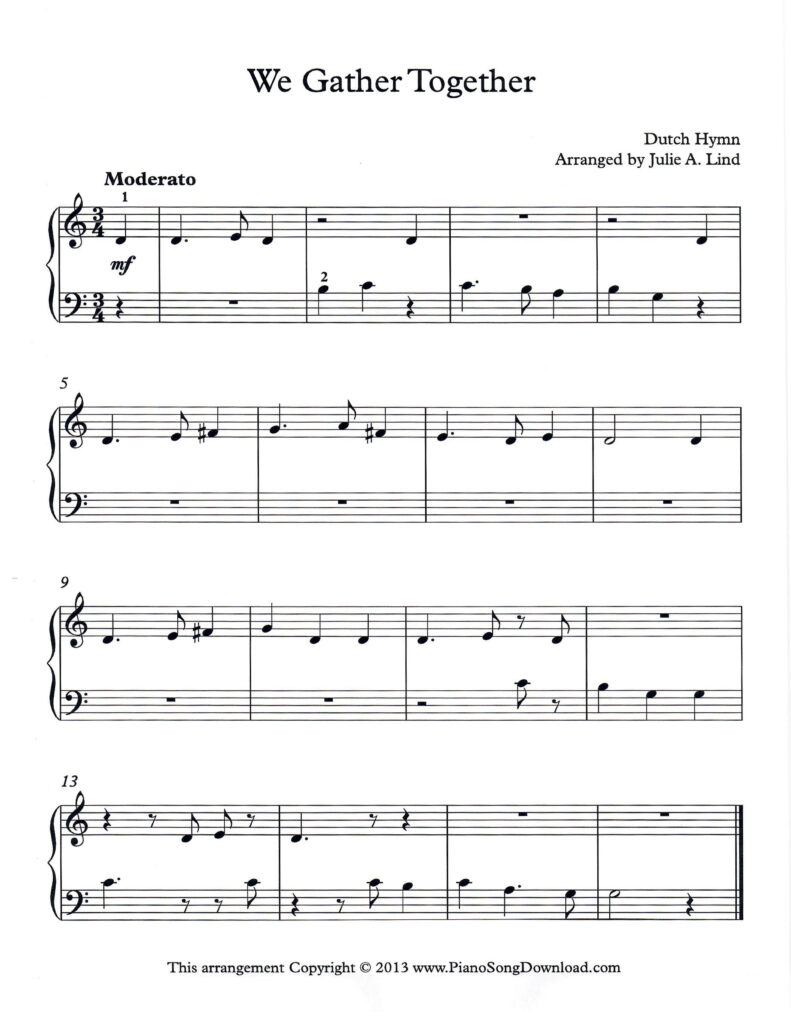 We Gather Together Level 1 piano sheet music with melody between hands