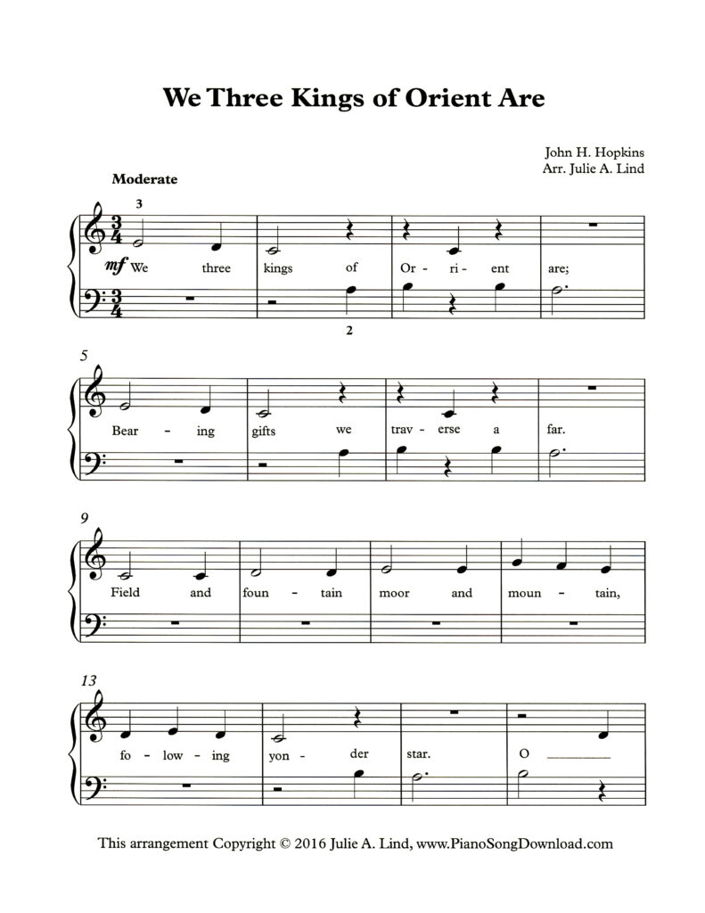 We Three Kings of Orient Are Level 1 piano sheet music with lyrics and tutorial