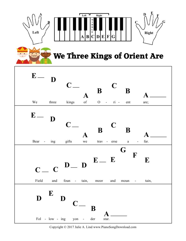 We Three Kings of Orient Are pre-staff piano sheet music with letters and hand diagrams