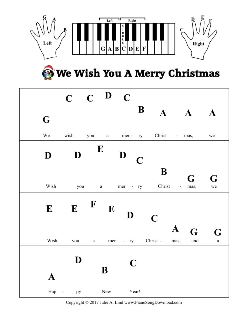 We Wish You a Merry Christmas pre-staff piano sheet music with letters and hand diagrams