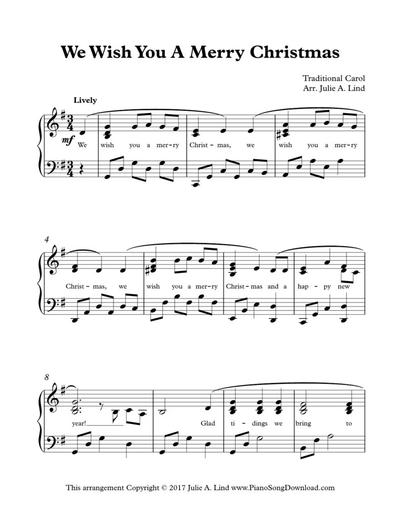 We Wish You a Merry Christmas intermediate piano arrangement in G Major