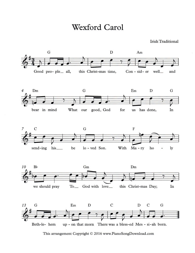 Wexford Carol lead sheet in G Major with lyrics and chord symbols