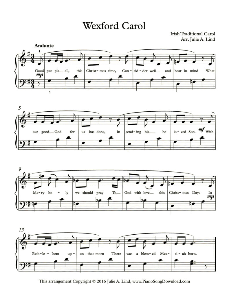 Wexford Carol Level 3 Irish Christmas piano arrangement