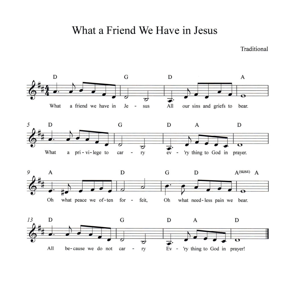 Print the free lead sheet for What a Friend We Have in Jesus in the key of D minor. This beloved hymn includes the melody, lyrics, and chord symbols, making it ideal for pianists, singers, church musicians, and anyone learning to play from chords. The expressive melody and rich minor-key harmony make this lead sheet perfect for worship services, accompaniment, devotional settings, and improvisation practice.