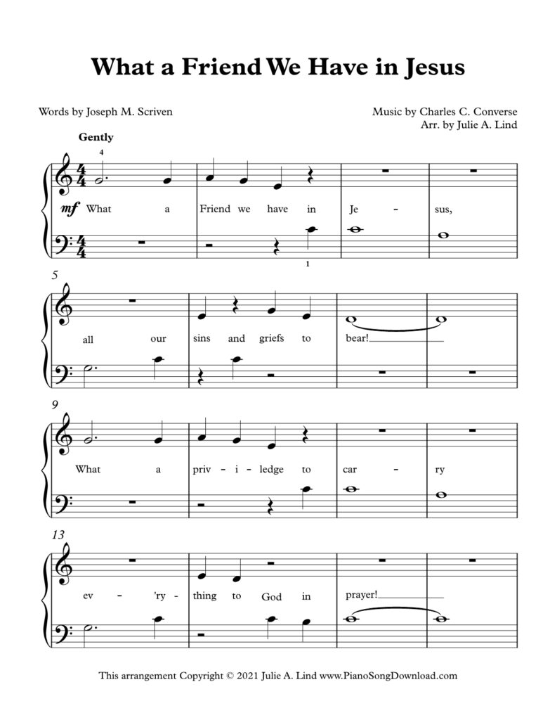 What a Friend We Have in Jesus Level 1 piano sheet music with lyrics and tutorial