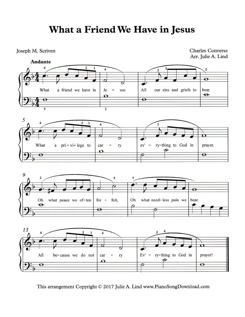 What a Friend We Have in Jesus Level 3 piano arrangement with single-note melody