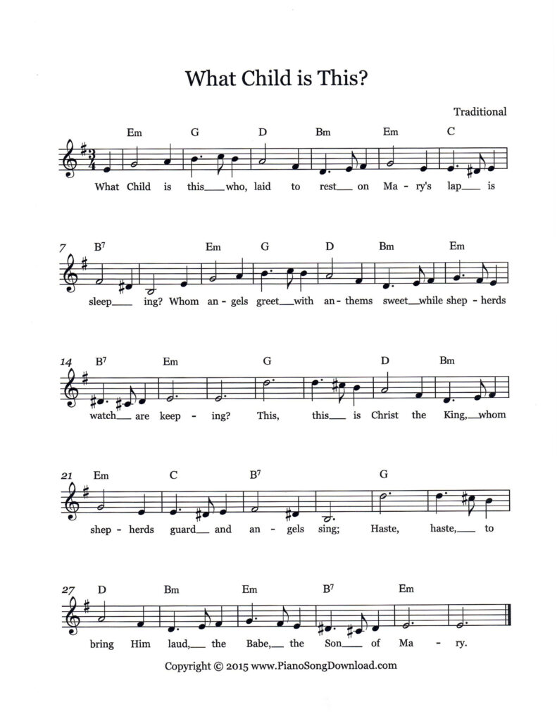 What Child Is This? lead sheet in E minor with lyrics and chord symbols