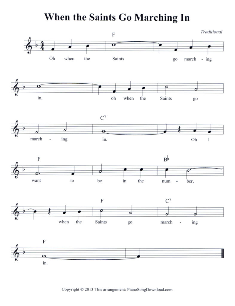 When the Saints Go Marching In lead sheet in F Major with lyrics and chord symbols