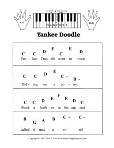 Yankee Doodle pre-staff piano sheet music with letters and hand diagrams