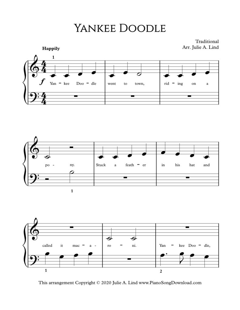 Yankee Doodle full version Level 1 piano sheet music with tutorial