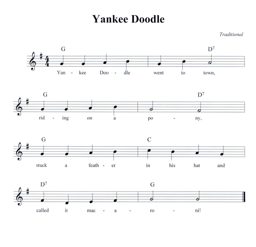 Yankee Doodle lead sheet in G Major with lyrics and chord symbols