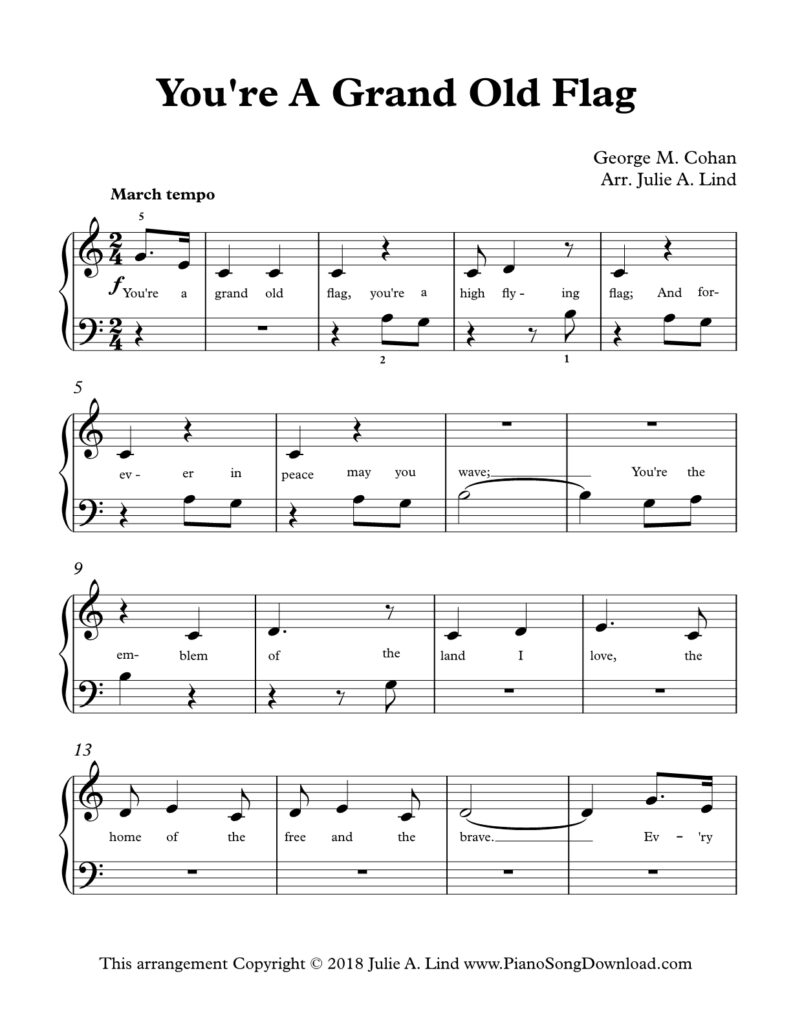 You're a Grand Old Flag Level 1 piano sheet music with lyrics and tutorial