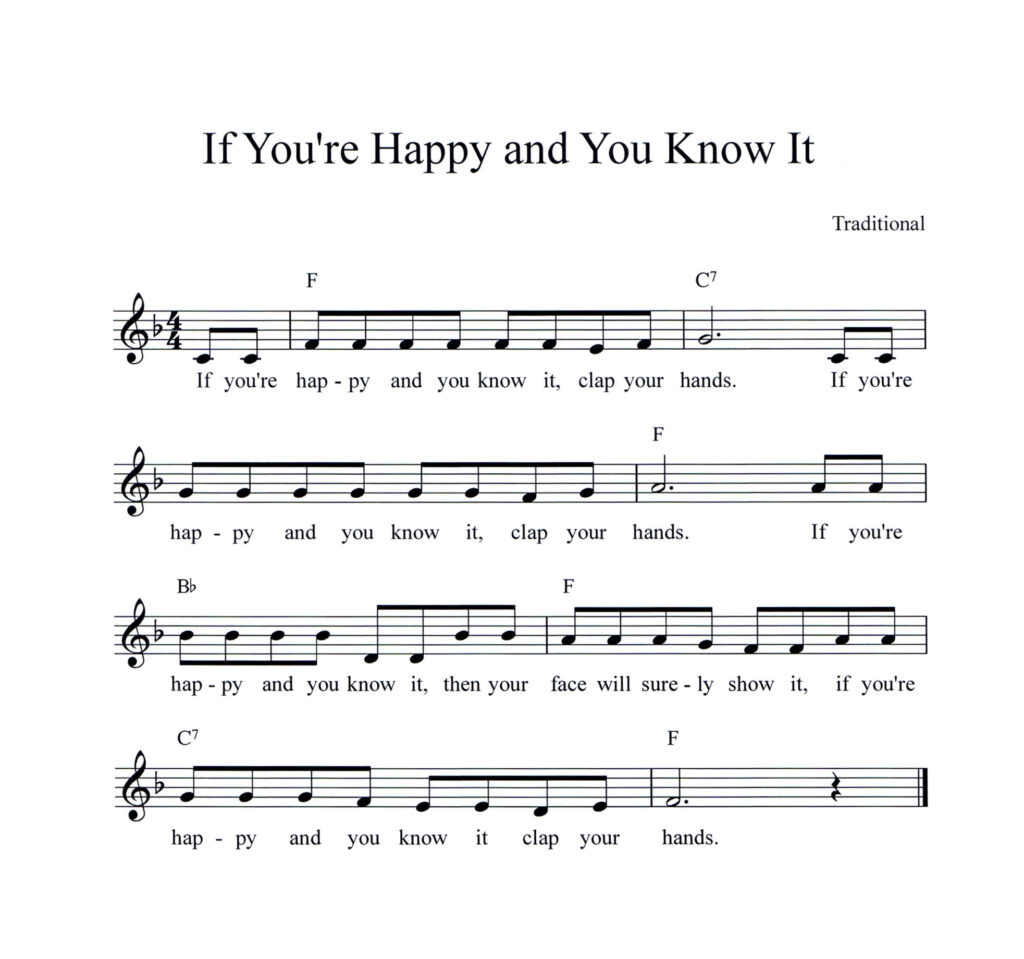 If You're Happy and You Know It lead sheet in F major with lyrics and chords