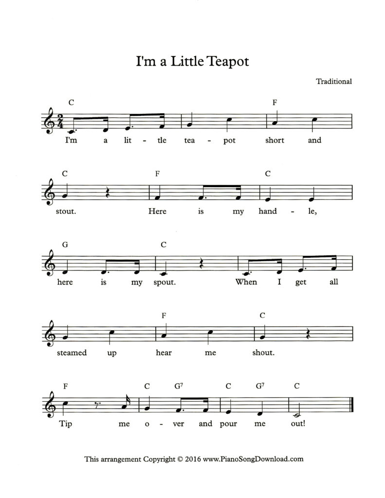 I'm a Little Teapot lead sheet in C major with lyrics and chords