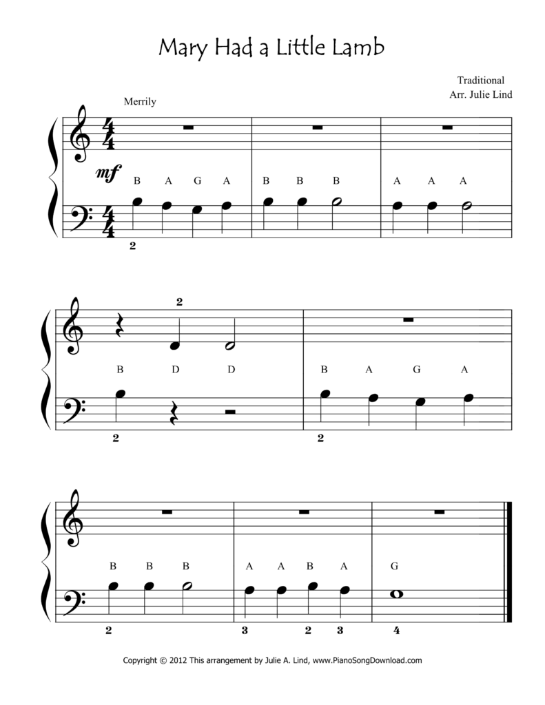 Mary Had a Little Lamb beginner piano sheet music with note letters
