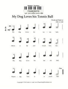 My Dog Loves His Tennis Ball pre-staff piano sheet music by Julie Lind