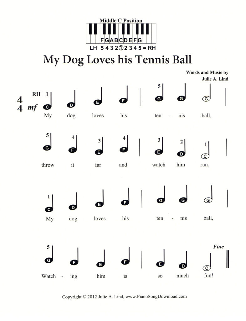 My Dog Loves His Tennis Ball pre-staff piano sheet music by Julie Lind