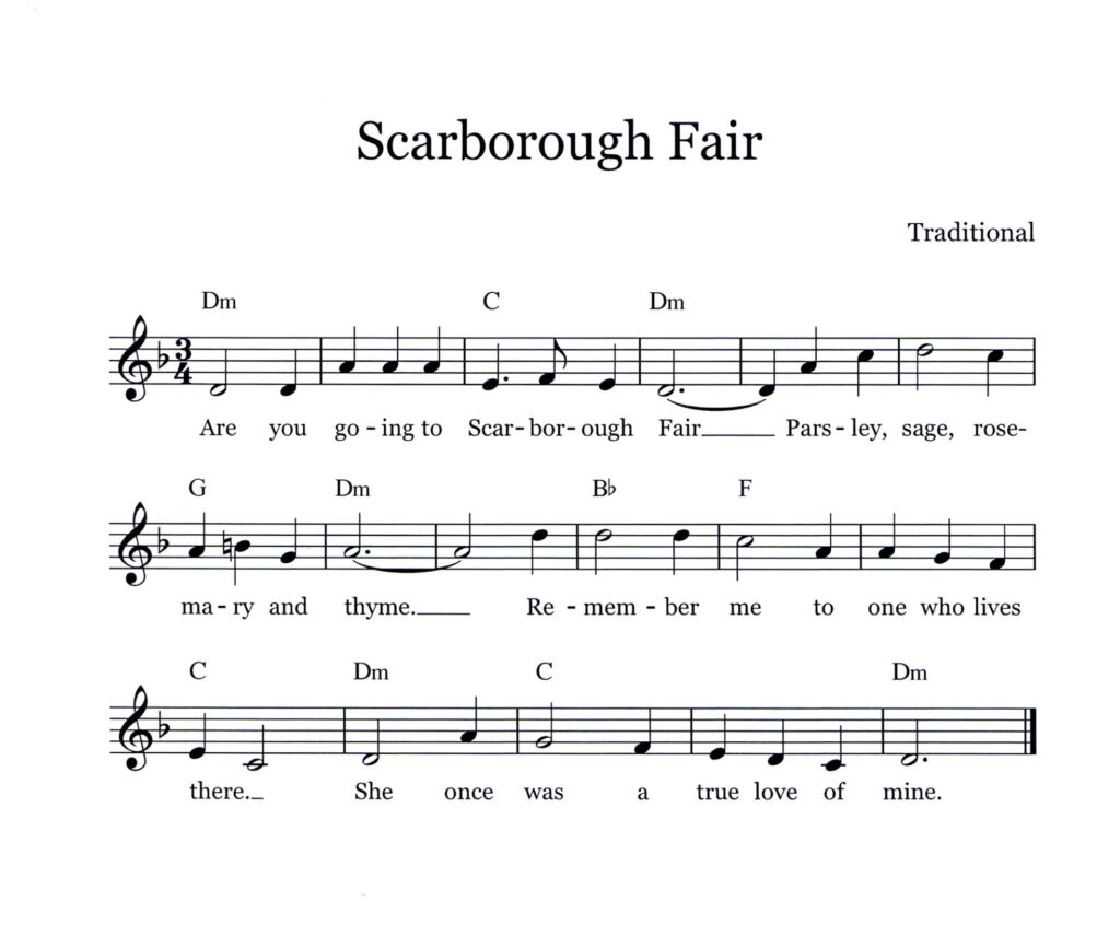 Scarborough Fair lead sheet in D minor with lyrics and chord symbols