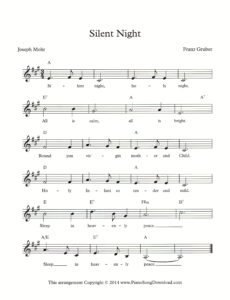 Silent Night lead sheet in A Major with lyrics and chord symbols
