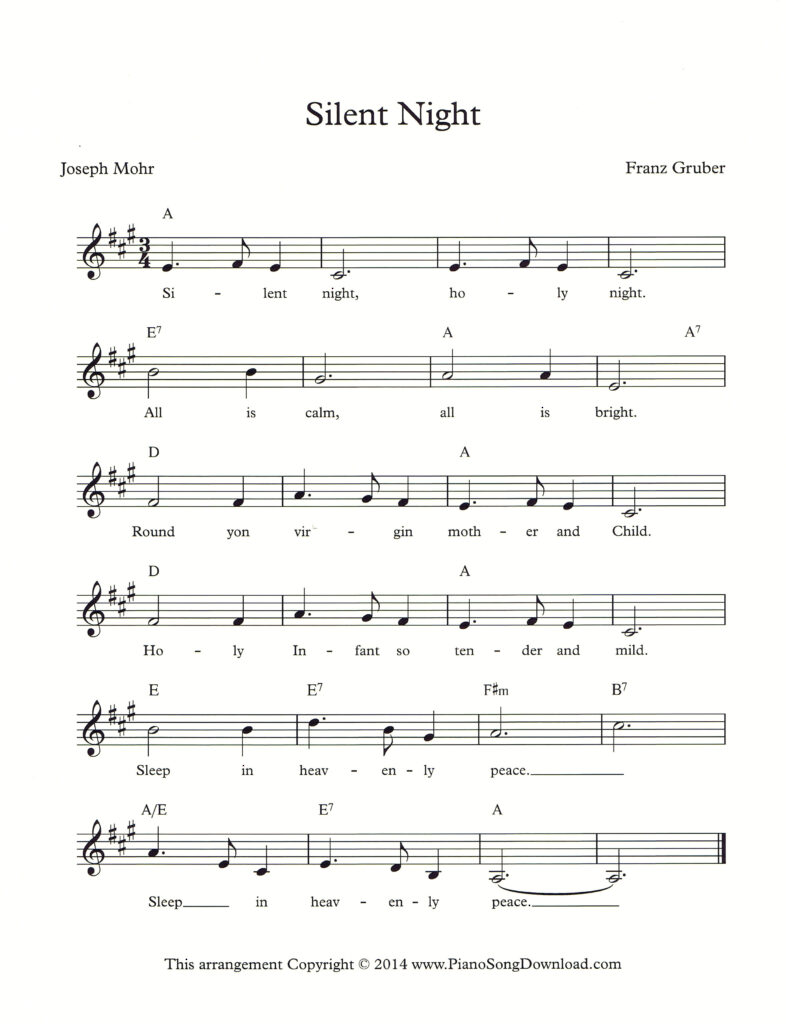 Silent Night lead sheet in A Major with lyrics and chord symbols