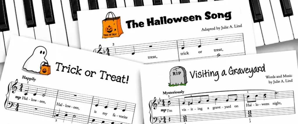 Halloween piano sheet music featuring The Halloween Song, Trick or Treat, and Visiting a Graveyard by Julie Lind.