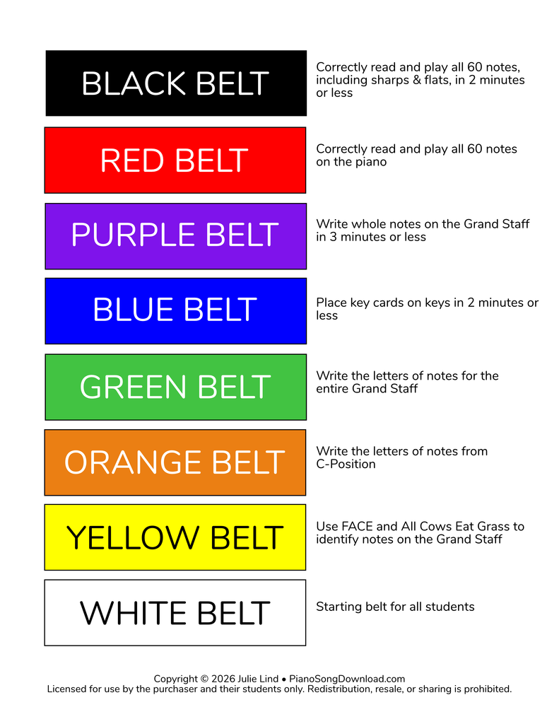 Piano Note Reading Achievement Program belt colors