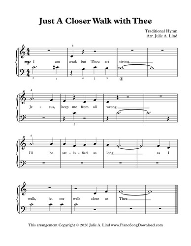 Just A Closer Walk with Thee: Level 1 easy hymn sheet music with lyrics