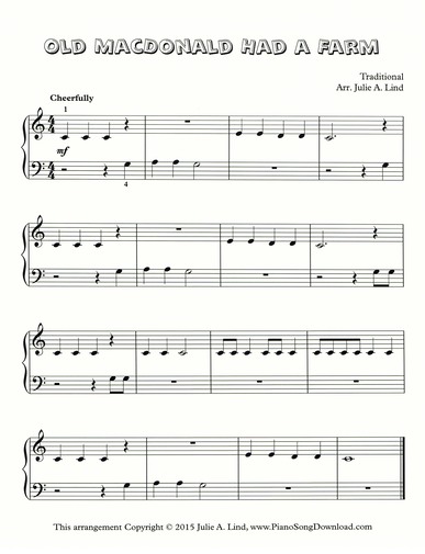 Old MacDonald Had A Farm: Free easy Sheet Music for piano