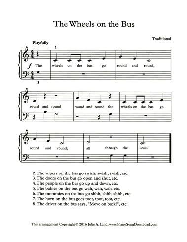 The Wheels on the Bus: easy piano sheet music with lyrics