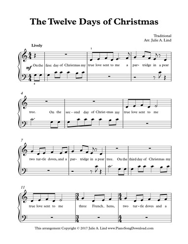 The Twelve Days Of Christmas Free Easy Beginner Christmas Piano Sheet Music With Lyrics 12 Days Of Christmas