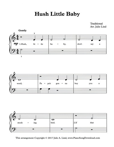Hush Little Baby: Free easy piano sheet music with lyrics