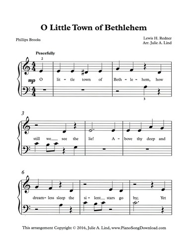 O Little Town of Bethlehem: free easy Christmas piano sheet music with