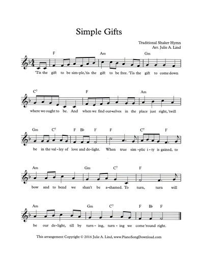 Simple Gifts: free lead sheet with melody, chords and lyrics