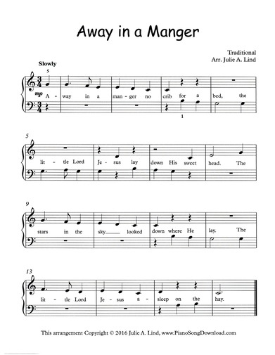 Away in a Manger, free easy Christmas piano sheet music with lyrics